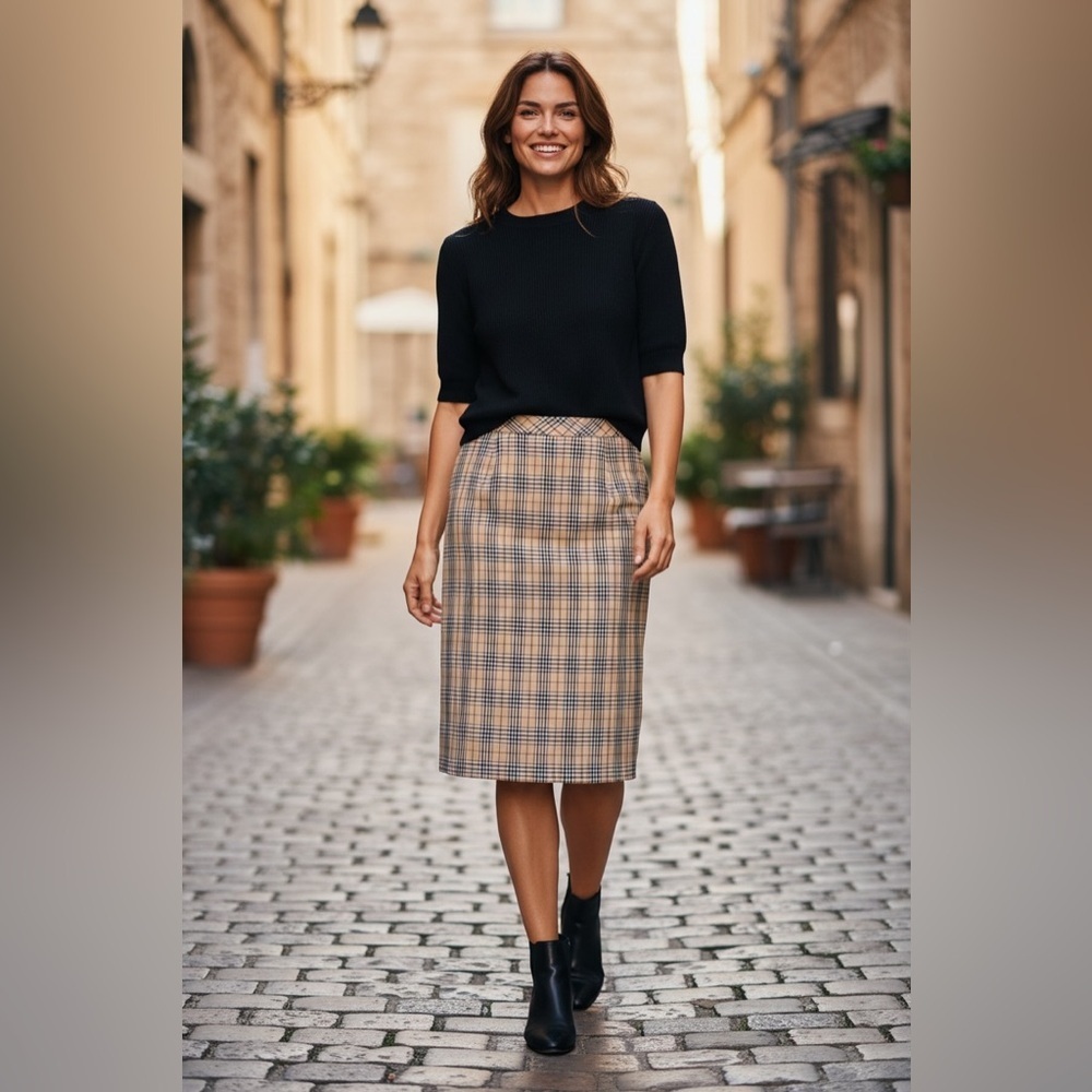 Le Suit Tan and Black Checkered Pencil Skirt